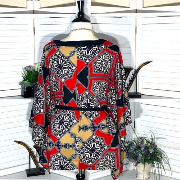 Nicole Miller boho oversized kimono style red black tan floral tunic blouse XL - Picture 2 of 13